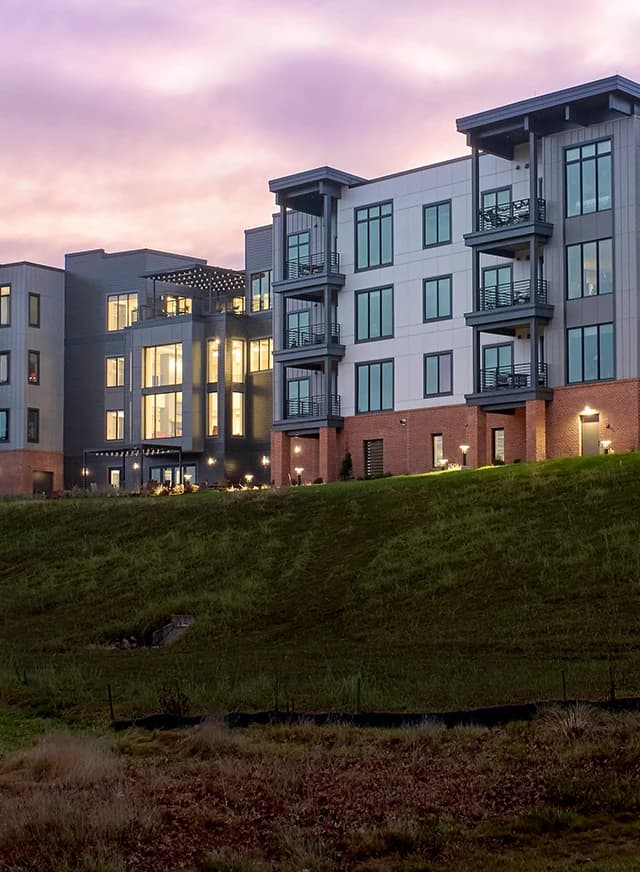 Exterior of buildings with sunset