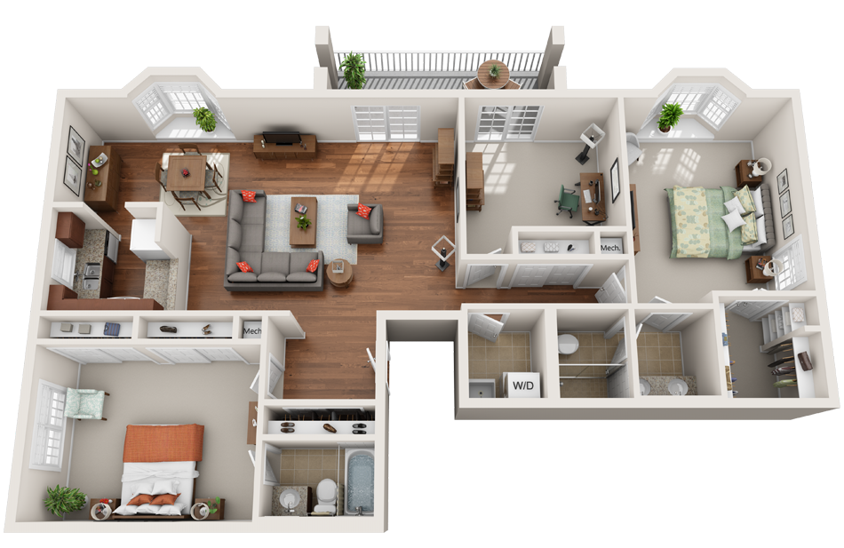 Two Bedroom with Den Illustration